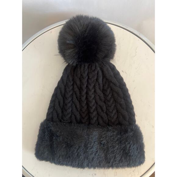 C.C. Cable Knit Beanie with a Faux Fur Pom-Pom and Cuff Black one Size - Picture 6 of 10